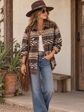 Mazik Animal Print Flannel Western Brown Cream Button-Down Jacket Shirt Shacket